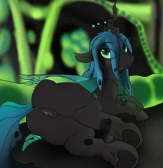 Size: 1942x1997 | Tagged: explicit, artist:pew-screw, derpibooru import, queen chrysalis, changeling, changeling queen, pony, anus, blushing, changeling hive, eye clipping through hair, eyebrows visible through hair, female, frog (hoof), horn, image, looking at you, lying down, mare, nudity, png, presenting, smiling, solo, solo female, underhoof, vaginal secretions, vulva, wings