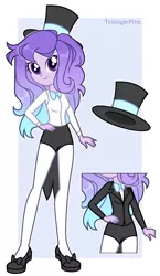 Size: 1100x1900 | Tagged: safe, artist:picasu, artist:trianglepine, derpibooru import, oc, oc:luno presto, unofficial characters only, equestria girls, bowtie, clothes, cyber-questria, equestria girls-ified, female, flats, hat, image, magician, magician outfit, multicolored hair, png, shirt, shoes, shorts, socks, solo, spy, stockings, suit, thigh highs, top hat