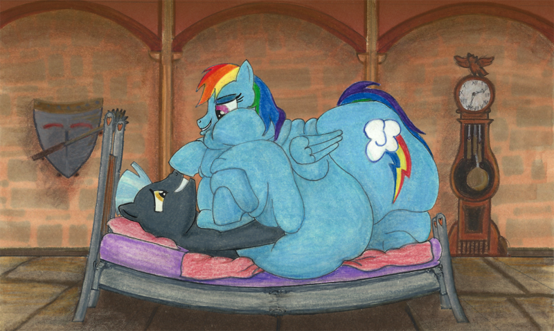Size: 2009x1200 | Tagged: questionable, alternate version, artist:white-eyed vireo, derpibooru import, rainbow dash, thunderlane, pegasus, pony, backwards cutie mark, bed, belly, belly bed, big belly, bingo wings, bloated, chubby cheeks, derpibooru exclusive, double chin, drawing, fat, fat fetish, female, fetish, furniture abuse, grandfather clock, huge belly, image, immobile, impossibly large belly, large butt, mace, male, morbidly obese, neck roll, obese, png, rainblob dash, rolls of fat, shield, shipping, straight, stretched cutie mark, thunderdash, traditional art, weapon