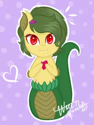 Size: 1050x1400 | Tagged: safe, artist:shappy the lamia, derpibooru import, oc, oc:shappy, earth pony, hybrid, lamia, original species, pony, brooch, chibi, collaboration, cute, eating, fanart, fangs, food, front view, green, green tail, happy, heart, holding, image, long tail, love, png, pretty, radish, red eyes, scales, short hair, short mane, slit eyes, snake eyes, snake tail, solo, watermelon, yellow