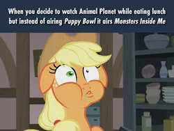 Size: 640x480 | Tagged: safe, derpibooru import, edit, edited screencap, editor:tngjstn, screencap, applejack, earth pony, pony, hearthbreakers, animal planet, caption, disgusted, faic, female, floppy ears, funny, funny as hell, gag, gagging, image, image macro, lunch, mare, meme, mismatched eyes, nauseous, png, shitposting, silly face, solo, text
