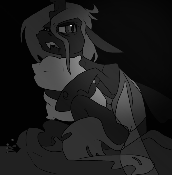 Size: 1856x1884 | Tagged: safe, artist:smirk, derpibooru import, queen chrysalis, changeling, changeling queen, black and white, blanket, bucktooth, crown, drool, female, grayscale, hug, image, jewelry, monochrome, pillow, pillow hug, png, regalia, sleepy, solo