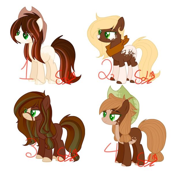 Size: 1280x1280 | Tagged: safe, artist:crazylemon67, derpibooru import, oc, oc:apple butter, oc:apple cider, oc:apple olive, oc:luckyforest, unofficial characters only, earth pony, pony, blaze (coat marking), blond mane, brown mane, cowboy hat, dappled, earth pony oc, female, freckles, green eyes, hat, image, jpeg, mare, natural coat color, natural hair color, neckerchief, offspring, pale belly, pale coat, parent:applejack, parent:trouble shoes, parent:troubleshoes clyde, parents:troublejack, simple background, socks (coat marking), white background