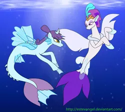 Size: 2001x1799 | Tagged: safe, artist:estevangel, derpibooru import, queen novo, oc, seapony (g4), my little pony: the movie, bubble, colored pupils, crepuscular rays, crown, dorsal fin, female, fins, fin wings, fish tail, flowing mane, flowing tail, image, jewelry, looking at each other, ocean, png, purple eyes, regalia, smiling, sunlight, swimming, tail, underwater, water, wings, yellow eyes
