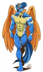 Size: 880x1475 | Tagged: suggestive, artist:ponyanony, derpibooru import, oc, oc:lightning rider, unofficial characters only, anthro, pegasus, pony, unguligrade anthro, abs, biceps, clothes, deltoids, image, jpeg, male, muscles, muscular male, pecs, simple background, solo, solo male, stallion, uniform, wonderbolts uniform