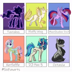 Size: 1024x1024 | Tagged: safe, artist:fraylinn, derpibooru import, kerfuffle, octavia melody, tantabus, vinyl scratch, oc, oc:fluffy wings, oc:moonshadow, alicorn, earth pony, hippogriff, pegasus, pony, unicorn, six fanarts, alicorn oc, amputee, broken horn, clothes, female, headphones, heterochromia, hippogriff oc, horn, image, jpeg, looking up, mare, prosthetic limb, prosthetics, sunglasses, two toned wings, wings