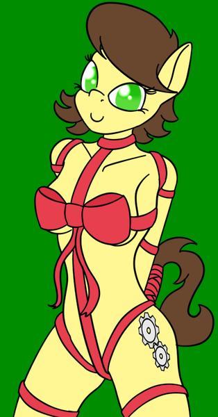 Size: 423x809 | Tagged: questionable, artist:alexmichanikos, derpibooru import, oc, oc:gear, unofficial characters only, anthro, earth pony, arm behind back, bondage, bow, breasts, female, gift wrapped, happy bondage, image, nudity, png, ribbon, solo, tail wrap