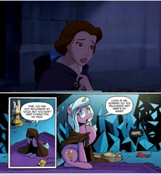 Size: 1080x1172 | Tagged: safe, derpibooru import, edit, idw, radiant hope, unicorn, siege of the crystal empire, spoiler:comic, spoiler:comic34, beauty and the beast, belle, disney, female, image, parallel, png