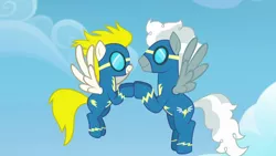 Size: 1920x1080 | Tagged: safe, derpibooru import, screencap, silver lining, silver zoom, surprise, pegasus, pony, the last problem, aviator goggles, clothes, female, flying, goggles, image, male, mare, out of context, png, shipping fuel, stallion, uniform, wonderbolts, wonderbolts uniform