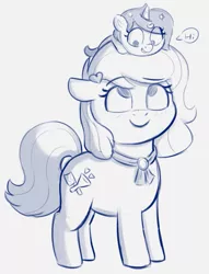 Size: 701x919 | Tagged: safe, artist:heretichesh, derpibooru import, oc, oc:new, oc:zeta, earth pony, pony, unicorn, dialogue, family, female, filly, foal, grandmother and grandchild, image, looking up, mare, monochrome, png, pony hat, sketch, text