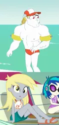 Size: 507x1069 | Tagged: safe, derpibooru import, edit, screencap, bulk biceps, derpy hooves, vinyl scratch, equestria girls, equestria girls series, spring breakdown, turf war, spoiler:eqg series (season 2), beach shorts swimsuit, bikini, bikini top, clothes, cropped, cute, derpabetes, derpybulk, feet, female, headphones, image, legs, male, one-piece swimsuit, png, sandals, shipping, shipping domino, shorts, straight, swimming trunks, swimsuit