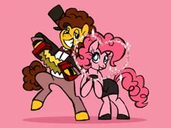Size: 1080x810 | Tagged: safe, artist:sinjaaussiaangels, derpibooru import, cheese sandwich, pinkie pie, earth pony, pony, accordion, bipedal, cheesepie, clothes, dress, female, hat, heart, image, jpeg, little black dress, male, musical instrument, pink background, shipping, simple background, straight, top hat