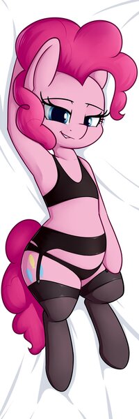 Size: 738x2214 | Tagged: suggestive, artist:andelai, derpibooru import, pinkie pie, pony, semi-anthro, armpits, bedroom eyes, black underwear, body pillow, body pillow design, bra, bra on pony, clothes, female, garter belt, garters, image, jpeg, lingerie, lip bite, looking at you, lying down, on back, socks, solo, solo female, stockings, thigh highs, underwear