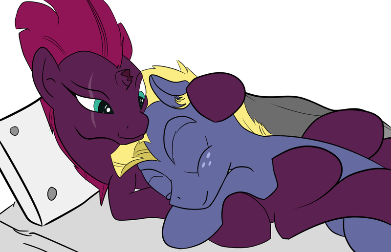 Size: 1859x1200 | Tagged: safe, artist:paracompact, derpibooru import, star tracker, tempest shadow, bed, crack shipping, eyes closed, female, image, lying down, male, png, shipping, straight, tempesttracker
