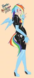 Size: 841x1921 | Tagged: safe, artist:oukiee, derpibooru import, human, boots, clothes, cutie mark, cutie mark on clothes, evening gloves, female, fingerless elbow gloves, fingerless gloves, gloves, high heel boots, high heels, humanized, image, latex, latex boots, latex gloves, latex suit, long gloves, png, shoes, simple background, solo, thigh boots, undercut