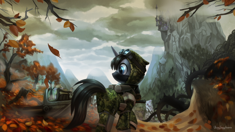 Size: 3840x2160 | Tagged: safe, artist:jedayskayvoker, derpibooru import, oc, unofficial characters only, pony, unicorn, fanfic:shadow of equestria, autumn, canterlot, clothes, crossover, image, leaves, png, ponyville, s.t.a.l.k.e.r., scenery, solo, tree, tree stump, video game crossover