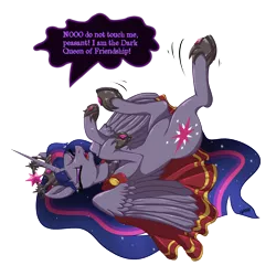 Size: 1920x1920 | Tagged: safe, artist:ghouleh, derpibooru import, twilight sparkle, alicorn, the last problem, cloak, clothes, crown, element of magic, i am the night, image, jewelry, legs in air, png, princess, princess twilight 2.0, regalia, sharp teeth, silly, solo, teeth, twilight sparkle (alicorn), tyrant sparkle, whining