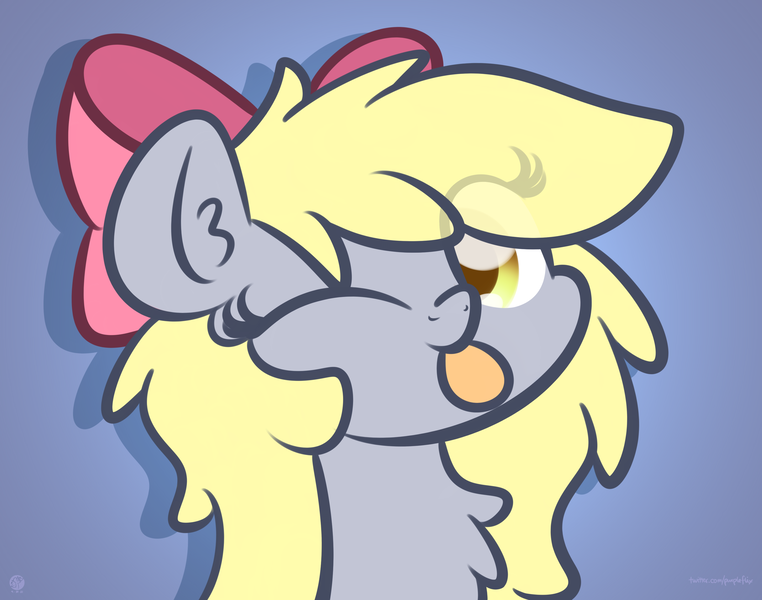 Size: 3250x2560 | Tagged: safe, artist:kimjoman, derpibooru import, derpy hooves, pegasus, pony, :p, alternate hairstyle, blue background, bow, chest fluff, cute, derpabetes, ear fluff, female, hair bow, image, long hair, long mane, mare, one eye closed, png, simple background, solo, tongue out, wink