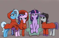 Size: 1695x1110 | Tagged: safe, artist:t72b, derpibooru import, maud pie, starlight glimmer, trixie, twilight sparkle, earth pony, pony, unicorn, boop, chair, clothes, cross, crossover, evil grin, gloves, goggles, grin, hat, historical roleplay starlight, image, meme, monty python, monty python's flying circus, png, rearing, scene interpretation, self-boop, sitting, smiling, spanish inquisition, twilight is not amused, unamused, unexpected