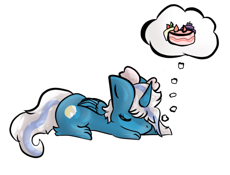 Size: 1280x972 | Tagged: safe, artist:shirameuwu, derpibooru import, oc, oc:fleurbelle, unofficial characters only, alicorn, pony, alicorn oc, bow, cake, dream, eyes closed, female, food, hair bow, horn, image, mare, png, simple background, sleeping, solo, thought bubble, transparent background, wings