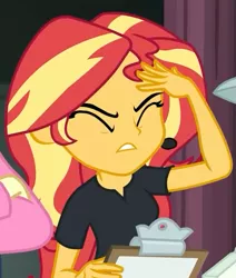 Size: 439x517 | Tagged: safe, derpibooru import, screencap, sunset shimmer, all the world's off stage, equestria girls, equestria girls series, clipboard, cropped, director shimmer, exasperated face, eyes closed, facepalm, female, image, png, solo focus