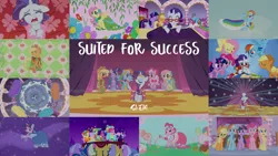 Size: 1966x1105 | Tagged: safe, derpibooru import, edit, edited screencap, editor:quoterific, screencap, applejack, bon bon, cloud kicker, fluttershy, lilac links, minuette, pinkie pie, rainbow dash, rarity, sweetie drops, twilight sparkle, earth pony, pegasus, pony, unicorn, suited for success, clothes, dress, female, gala dress, image, mane six, mare, png, unicorn twilight