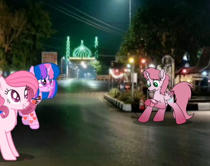 Size: 719x569 | Tagged: safe, artist:muhammad yunus, derpibooru import, edit, oc, oc:annisa trihapsari, oc:hsu amity, alicorn, earth pony, pony, aelita schaeffer, call, code lyoko, duo, female, glasses, grin, gritted teeth, image, indonesia, mare, night, photo, png, siblings, sisters, smiling