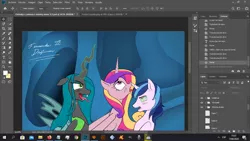 Size: 1366x768 | Tagged: suggestive, alternate version, artist:fernandojc-draftsman, derpibooru import, princess cadance, queen chrysalis, shining armor, alicorn, changeling, changeling queen, pony, ahegao, bisexual, chrysarmordance, colored, cropped, eyes rolling back, female, image, implied sex, jpeg, lesbian, male, mare, open mouth, partial color, polyamory, shipping, signature, stallion, straight, tongue out