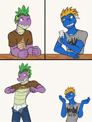 Size: 1500x2000 | Tagged: suggestive, artist:fuzebox, derpibooru import, spike, oc, oc:sharp, anthro, dragon, card, clothes, comic, digital art, dragon oc, duo, duo male, image, jpeg, male, male nipples, pants, poker, shirt, shirt lift, strip poker, tighty whities, t-shirt, underwear, undressing