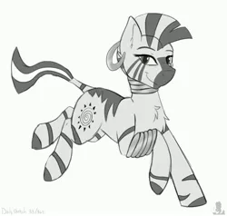 Size: 3681x3500 | Tagged: safe, artist:ezeronaa, artist:monsoonvisionz, derpibooru import, zecora, zebra, bracelet, cute, ear piercing, earring, female, galloping, grayscale, image, jewelry, jpeg, looking at you, mare, monochrome, neck rings, piercing, quadrupedal, simple background, smiling, solo, white background, zecorable