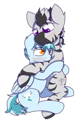 Size: 1896x3015 | Tagged: safe, artist:plone, derpibooru import, oc, oc:concorde, oc:zambuko, unofficial characters only, pegasus, zebra, cuddling, image, offspring, parent:soarin', parent:spitfire, parents:soarinfire, png, simple background, transparent background