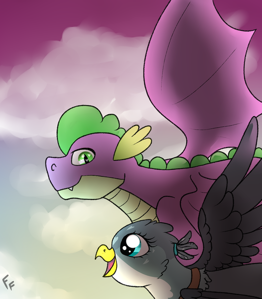 Size: 1753x2000 | Tagged: safe, artist:ponykittenboi, derpibooru import, gabby, spike, dragon, gryphon, female, flying, image, male, png, shipping, spabby, straight, sunrise