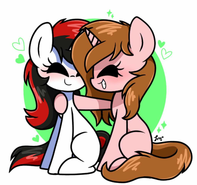 Size: 800x752 | Tagged: safe, artist:silver meadow, derpibooru import, oc, oc:lanaia, oc:listfia, unofficial characters only, pony, unicorn, blank flank, blushing, eyelashes, female, filly, grin, heart, horn, image, not blackjack, png, siblings, simple background, sisters, smiling, twins, two toned mane, two toned tail, watermark