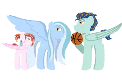 Size: 1280x854 | Tagged: safe, artist:meiodrama, derpibooru import, oc, oc:arctic winds, oc:cessna, oc:kickflip hothoof, unofficial characters only, pegasus, pony, basketball, brother and sister, colt, female, filly, half-siblings, image, male, offspring, parent:rainbow dash, parent:soarin', parent:spitfire, parents:soarindash, parents:soarinfire, png, siblings, simple background, sports, transparent background