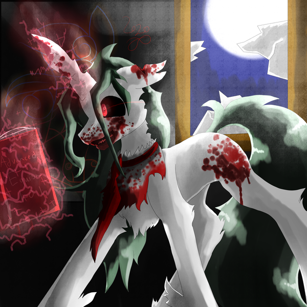 Size: 5800x5800 | Tagged: grimdark, questionable, artist:florarena-kitasatina/dragonborne fox, derpibooru import, ponified, pony, absurd resolution, blood, broken horn, cel shading, crazy face, crossover, faic, glowing eyes, glowing eyes of doom, horn, image, lit (wiiware), moon, png, red eyes take warning, redraw, shading, signature, teacher, watermark, window