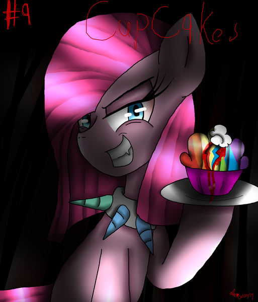 Size: 1176x1376 | Tagged: semi-grimdark, artist:candysugarskullgirl9, derpibooru import, pinkie pie, earth pony, pony, fanfic:cupcakes, blood, cupcake, evil, food, image, implied murder, looking at you, pinkamena diane pie, plate, png, rainbow cupcake, smiling