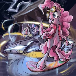 Size: 2500x2500 | Tagged: safe, artist:paskylizart, derpibooru import, pinkie pie, twilight sparkle, earth pony, pony, unicorn, what about discord?, back to the future, clothes, crossover, delorean, dmc, duo, female, future twilight, hoverboard, image, jpeg, mare, marty mcfly, pinkie mcpie, skirt, sunglasses, unicorn twilight, unshorn fetlocks