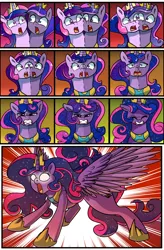 Size: 1800x2740 | Tagged: safe, artist:candyclumsy, author:bigonionbean, derpibooru import, oc, oc:princess luminescent love, oc:princess morning star, oc:queen galaxia, alicorn, pony, comic:the fusion flashback 2, alicorn princess, basement, canterlot, canterlot castle, chamber, comic, commissioner:bigonionbean, concerned, cutie mark, embarrassed, ethereal mane, flashback, forced, fusion, fusion:princess luminescent love, fusion:princess morning star, fusion:queen galaxia, image, jewelry, magic, merge, merging, png, royalty, shocked, surprised, swelling