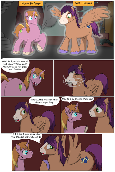 Size: 1000x1492 | Tagged: safe, artist:cactuscowboydan, author:bigonionbean, derpibooru import, oc, oc:fast hooves, oc:home defence, clydesdale, earth pony, pegasus, pony, unicorn, comic:the birth of speedy hooves, butt, comic, commissioner:bigonionbean, confused, cutie mark, dialogue, extra thicc, flank, flashback, fusion, fusion:fast hooves, fusion:home defence, head shake, image, jpeg, magic, male, plot, shocked, stallion