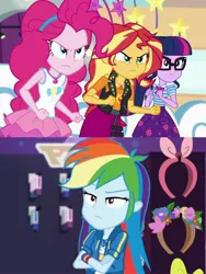 Size: 1717x2281 | Tagged: safe, derpibooru import, edit, edited edit, screencap, pinkie pie, rainbow dash, sci-twi, sunset shimmer, twilight sparkle, equestria girls, equestria girls series, holidays unwrapped, rollercoaster of friendship, spoiler:eqg series (season 2), angry, comparison, crossed arms, dashing through the mall, fight, geode of empathy, geode of sugar bombs, geode of super speed, geode of telekinesis, holidays unwrapped drama, image, jpeg, magical geodes