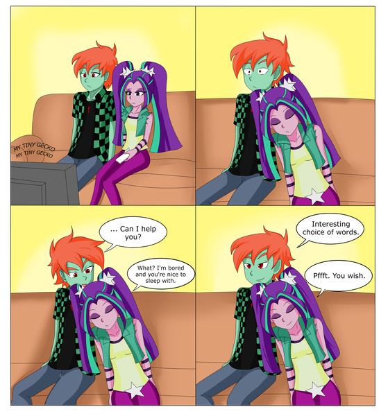 Size: 5578x5988 | Tagged: safe, artist:sodaska, derpibooru import, aria blaze, oc, oc:ruby sword, equestria girls, couch, eyes closed, flirting, image, looking at each other, looking at something, my tiny gecko, png, raised eyebrow, sleeping, smiling, smirk, snuggling, television