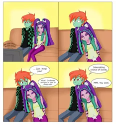 Size: 5578x5988 | Tagged: safe, artist:sodaska, derpibooru import, aria blaze, oc, oc:ruby sword, equestria girls, couch, eyes closed, flirting, image, looking at each other, looking at something, my tiny gecko, png, raised eyebrow, sleeping, smiling, smirk, snuggling, television