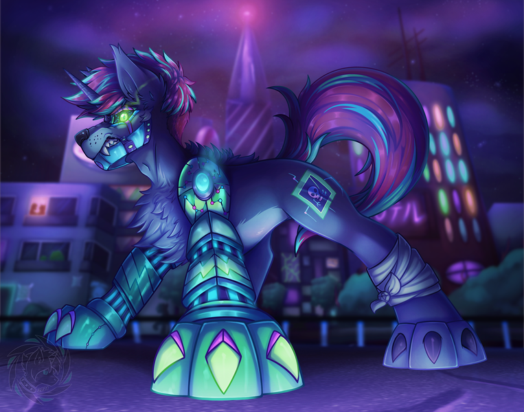 Size: 2500x1967 | Tagged: safe, artist:fkk, derpibooru import, oc, unofficial characters only, cyborg, hybrid, pony, unicorn, bandage, black sclera, blurred background, building, bush, chest fluff, city, claws, commission, cyberpunk, ear fluff, fangs, glowing eyes, gritted teeth, horn, image, looking at you, male, night, outdoors, png, raised tail, skyscraper, solo, stallion, stars, tail, watermark