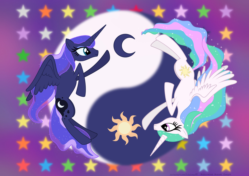 Size: 4961x3508 | Tagged: safe, artist:intelmax89, derpibooru import, princess celestia, princess luna, alicorn, pony, cutie mark, equestrian flag, female, image, jpeg, royal sisters, siblings, sisters