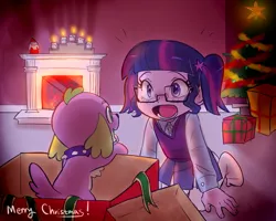 Size: 1500x1200 | Tagged: safe, artist:haden-2375, derpibooru import, sci-twi, spike, twilight sparkle, dog, equestria girls, baby, baby spike, candle, child, christmas, christmas lights, christmas tree, clothes, cute, fire, fireplace, glasses, holiday, image, open mouth, pigtails, png, present, puppy, socks, spikabetes, stocking feet, stockings, surprised, thigh highs, tree, twiabetes, volumetric mouth, younger