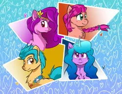 Size: 1057x816 | Tagged: safe, artist:stec-corduroyroad, derpibooru import, hitch trailblazer, izzy moonbow, pipp petals, sunny starscout, earth pony, pegasus, pony, unicorn, female, g5, image, male, mare, png, spoilers:gen5, stallion