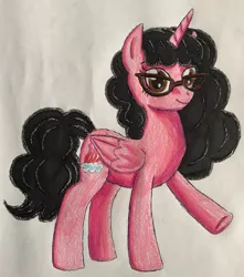 Size: 1024x1160 | Tagged: safe, artist:bozzerkazooers, derpibooru import, oc, oc:aaliyah, ponified, unofficial characters only, alicorn, pony, aaliyah, alicorn oc, alicornified, crossover, cutie mark, glasses, horn, image, jpeg, pegasus wings, race swap, raised hoof, solo, traditional art, wings