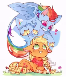 Size: 540x631 | Tagged: source needed, safe, artist:tamtucker, derpibooru import, applejack, rainbow dash, earth pony, pegasus, pony, appledash, cloven hooves, cute, dashabetes, female, floppy ears, heart, heart eyes, image, jackabetes, jpeg, leonine tail, lesbian, looking at each other, lying down, missing accessory, pounce, prone, red scarf, shipping, spread wings, sweet dreams fuel, wingding eyes, wings