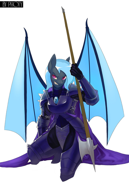 Size: 1371x2000 | Tagged: safe, artist:photy, derpibooru import, oc, oc:midnight harmony, anthro, bat pony, armor, bat wings, female, guardsmare, halberd, image, kneeling, mare, night guard, night guard armor, png, royal guard, solo, weapon, wings