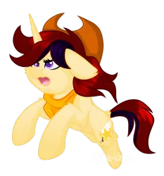 Size: 1080x1157 | Tagged: safe, artist:silentwolf-oficial, derpibooru import, oc, oc:sherrine, unofficial characters only, pony, unicorn, hat, horn, image, neckerchief, open mouth, png, running, simple background, solo, transparent background, unicorn oc